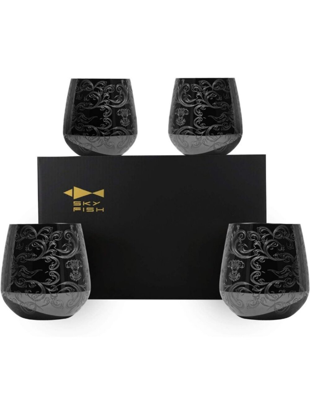 Elegant Stemless Stainless Steel Wine Glasses Set of 4, 18 oz Black Plated